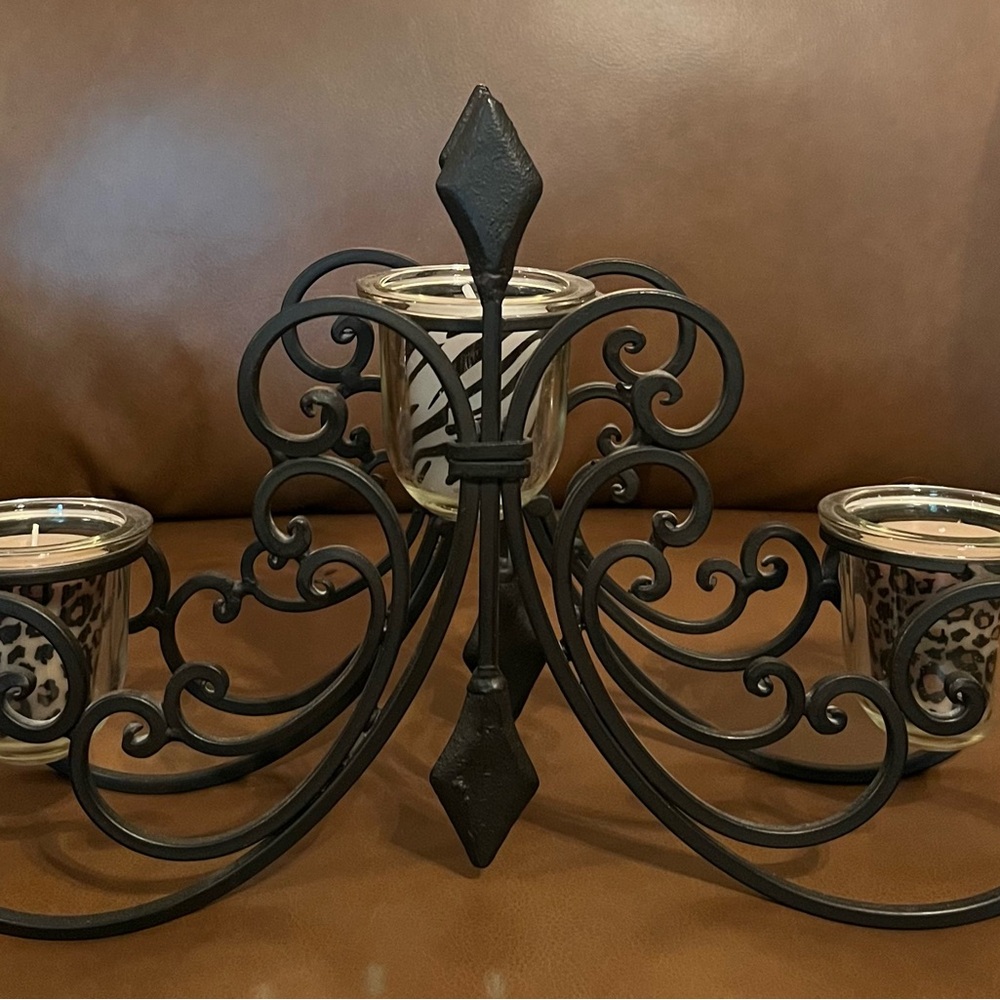 Ornate Black Scroll Metal Votive Candle Holder with Glass Cups